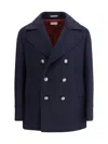 Brunello Cucinelli Navy Blue Double Flannel Caban Blazer In Black