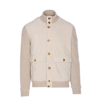 Brunello Cucinelli High Neck Knitted Jacket Pockets In Neutral