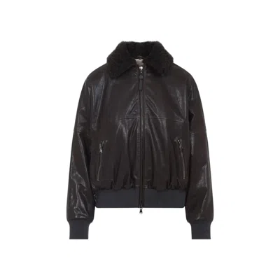 Brunello Cucinelli Coffee Brown Leather Shearling Collar Jacket In Black