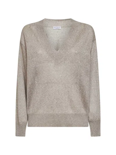 Brunello Cucinelli Cold Beige Sequin Linen And Cotton V-neck Sweater In Brown
