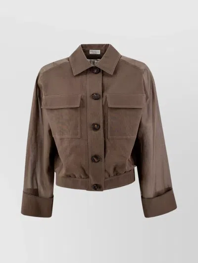 Brunello Cucinelli Collar Chain-detail Jacket Semi-sheer Sleeves In Brown