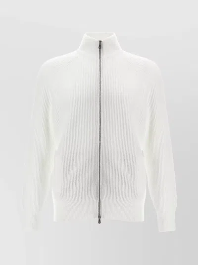 Brunello Cucinelli Collar High Zip Cardigan With Side Pockets In White