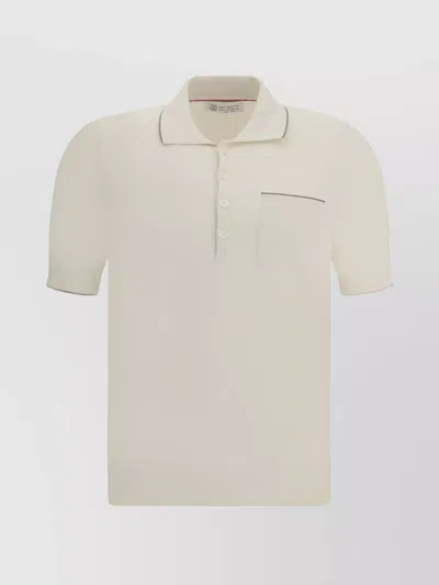 Brunello Cucinelli Collared Cotton Sweater Ribbed Hemline In Neutral