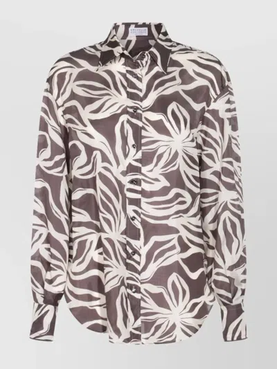Brunello Cucinelli Collared Floral Pattern Long Sleeves Cuffed Top In Brown