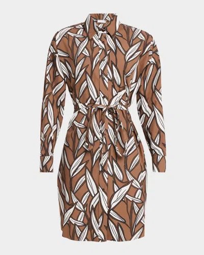 Brunello Cucinelli Collared Long-sleeve Leaf-print Cotton Dress In Brown