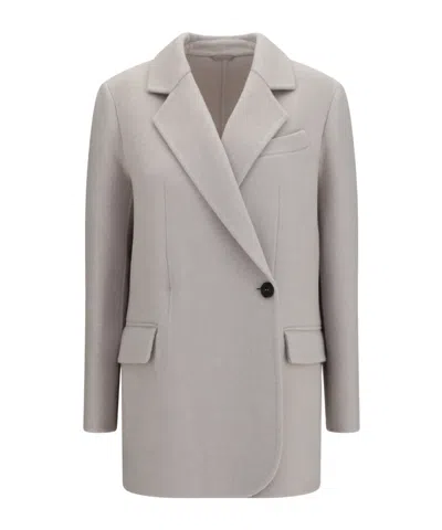Brunello Cucinelli Collared Long-sleeved Coat In Gray