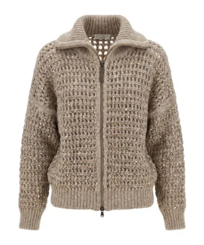 Brunello Cucinelli Collared Long-sleeved Knit Sweater In Neutral