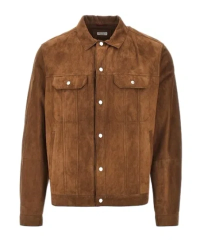 Brunello Cucinelli Collared Long-sleeved Leather Jacket In Brown