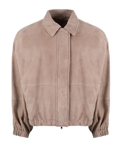 Brunello Cucinelli Collared Long-sleeved Leather Jacket In Neutral