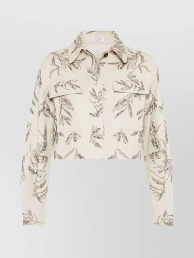 Brunello Cucinelli Collared Neck Cropped Embroidered Blazer In Beige