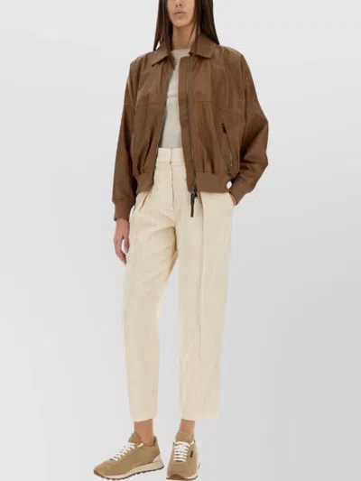 Brunello Cucinelli Collared Neck Leather Jacket With Ribbed Cuffs