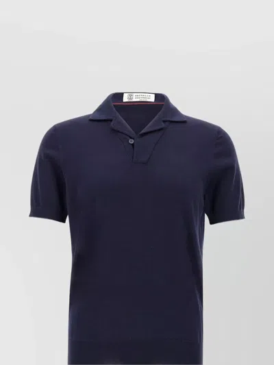 Brunello Cucinelli Collared Polo Shirt With Ribbed Cuffs In Blue