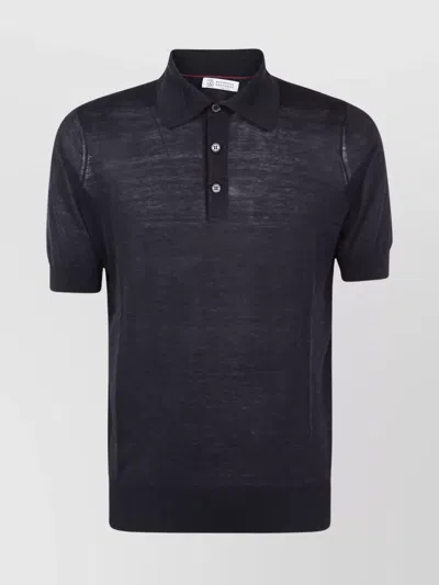 Brunello Cucinelli Collared Polo Shirt With Ribbed Finish In Blue