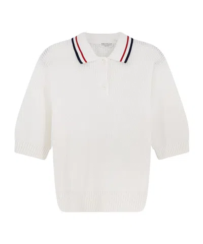 Brunello Cucinelli Collared Short-sleeved Knit Sweater In White
