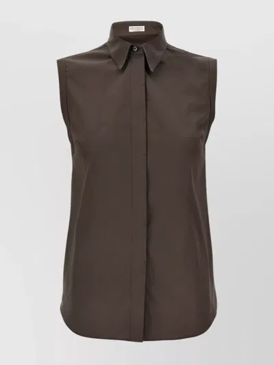 Brunello Cucinelli Collared Sleeveless Shirt Stitch Detailing In Brown
