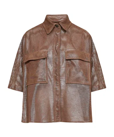 Brunello Cucinelli Hazelnut Leather Sparkling Net Shirt In Brown