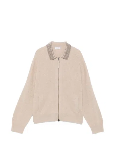 Brunello Cucinelli Collar-embellished Zip-up Cardigan In Neutral