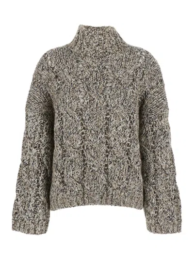 BRUNELLO CUCINELLI BEIGE TURTLENECK SWEATER WITH BRAIDED KNIT DETAIL IN WOOL AND CASHMERE BLEND WOMAN