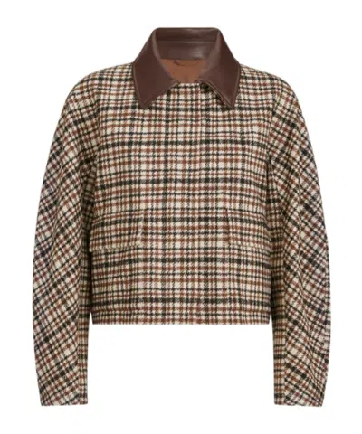 Brunello Cucinelli Comfort Checked Wool And Alpaca Outerwear Jacket With Leather-collar And Monili In Brown