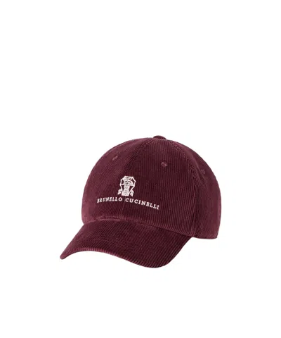 Brunello Cucinelli Comfort Cotton And Cashmere Corduroy Baseball Cap With Embroidered Logo In Burgundy