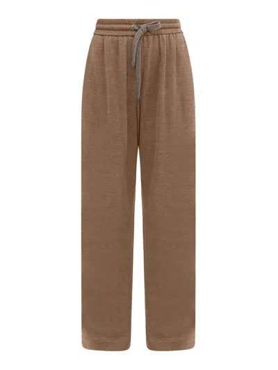 Brunello Cucinelli Comfort Cotton And Silk Wide Pantss In Brown