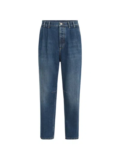 Brunello Cucinelli Comfort Cotton Denim Iconic-fit Five-pocket Trousers With Double Pleats In Blue