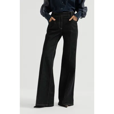 Brunello Cucinelli Comfort No-fade Denim Flared Trousers With Monili In Black