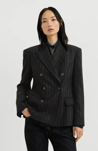 Brunello Cucinelli Comfort Virgin Wool Dazzling Chalk Stripe Blazer With Monili In Black
