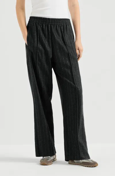 Brunello Cucinelli Comfort Virgin Wool Dazzling Chalk Stripe Track Trousers In Black