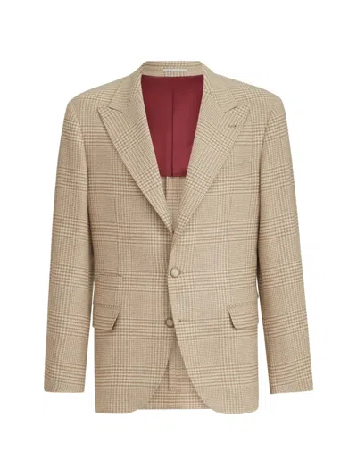 Brunello Cucinelli Comfort Wool And Cashmere Prince Of Wales Flannel Deconstructed Blazer With Large Peak Lapels In Multi