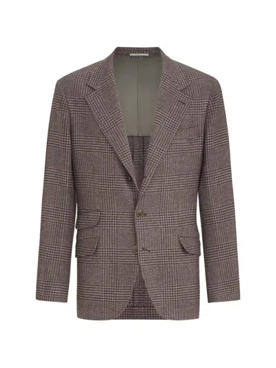 Brunello Cucinelli Comfort Wool And Cashmere Prince Of Wales Flannel Deconstructed Cavallo Blazer In Brown