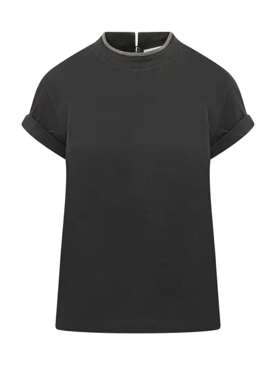 Brunello Cucinelli Comfortable Gironeck Knit Top With Cut Sleeves In Black