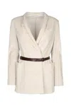 Brunello Cucinelli Waist Belted Jacket With Pockets And Lapel In White
