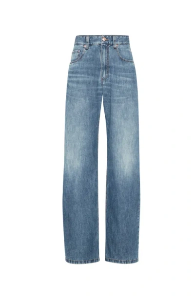 Brunello Cucinelli Soft Denim Loose Stove Pipe Jeans In Blue
