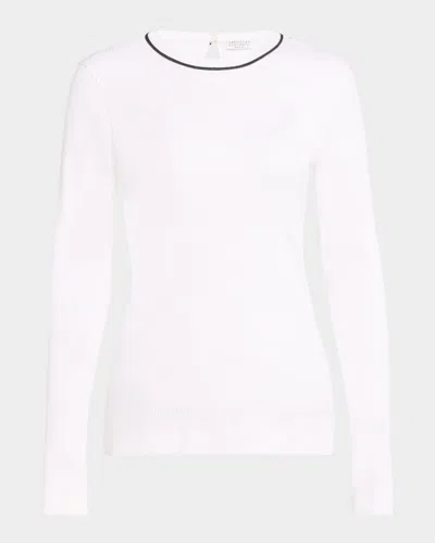 Brunello Cucinelli Contrast Monili Neck Cotton Stretch Rib Top In Cqz14 White