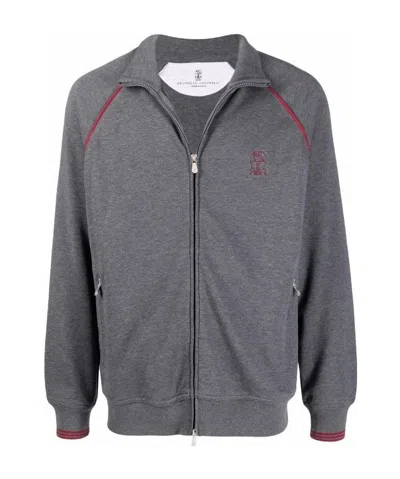 Brunello Cucinelli Contrast Piping Zip-up Sweatshirt In Gray