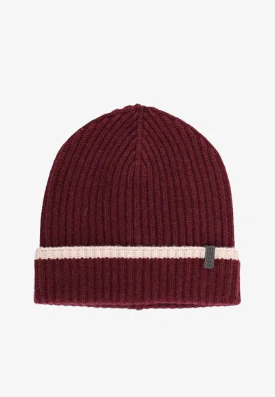 Brunello Cucinelli Contrast Ribbed Beanie In Burgundy