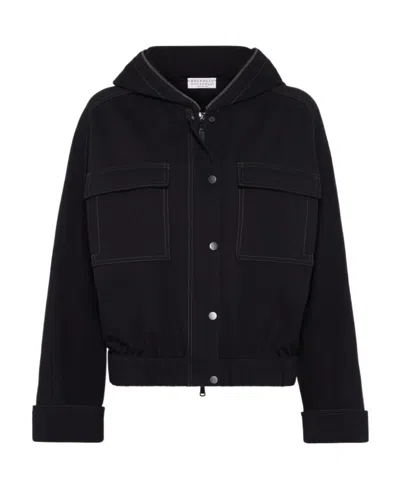 Brunello Cucinelli Contrast-stitch Elasticated Hem Jacket In Black