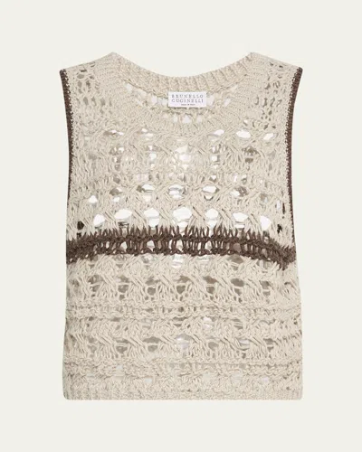 Brunello Cucinelli Contrast Stripe Open Knit Tank Top In Neutral