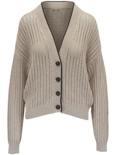 Brunello Cucinelli Contrast-trim Cardigan In Neutrals