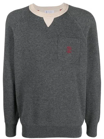 Brunello Cucinelli Contrast-trim Cashmere Jumper In Grey