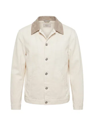 Brunello Cucinelli Men Lightweight Garment-dyed Cotton Denim Jacket With Leather Collar In Neutral