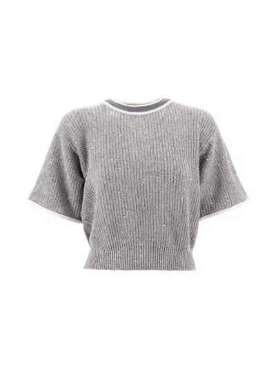 Brunello Cucinelli Contrasting-border Knitted Top In Grey