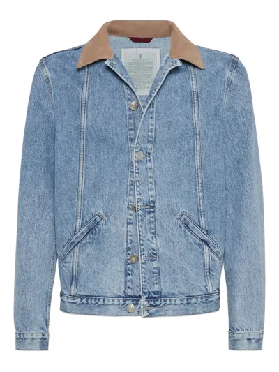 Brunello Cucinelli Slim-fit Suede-trimmed Denim Jacket In Blue