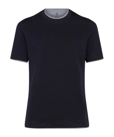 Brunello Cucinelli Contrasting-edge Cotton T-shirt In Blue