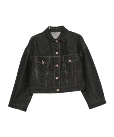 Brunello Cucinelli Contrast-stitch Cropped Denim Jacket In Black