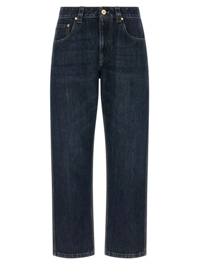 Brunello Cucinelli Logo-embroidered Cotton Denim Jeans In Blue