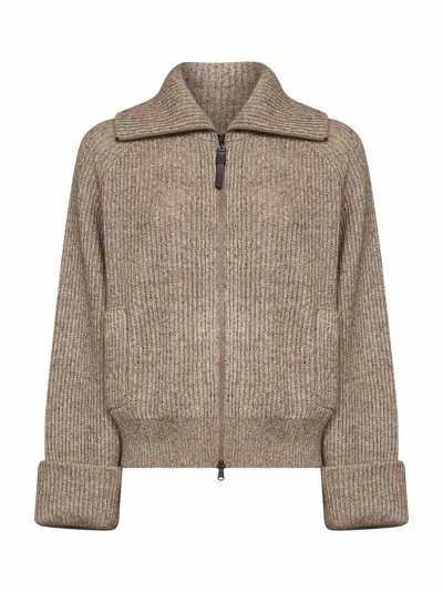 Brunello Cucinelli Cool Brown Sparkling Cashmere-blend Zip-up Cardigan