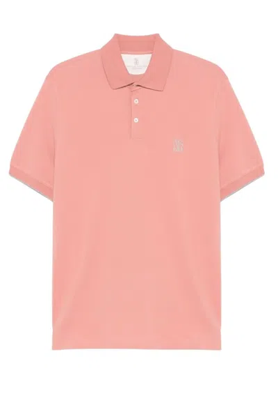 Brunello Cucinelli Pink Cotton Pique Logo Polo Shirt In Brown