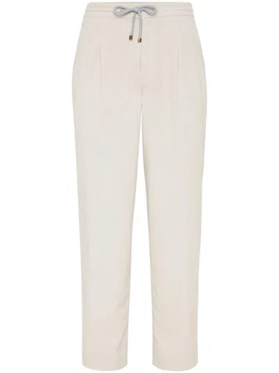 Brunello Cucinelli Cotton Corduroy Drawstring Trousers In White